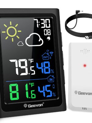 Geevon Indoor Outdoor Thermometer Wireless Weather Station with Color Display, Digital Hygrometer Temperature Humidity Monitor with Alarm Clock and Backlight