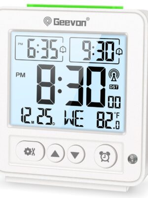 Geevon Small Digital Atomic Alarm Clock for Bedroom, Battery Operated Travel Alarm Clock with Auto/8s Backlight, 2 Alarm, Temperature, for Deep Sleepers Kids Elderly Home Office(White)