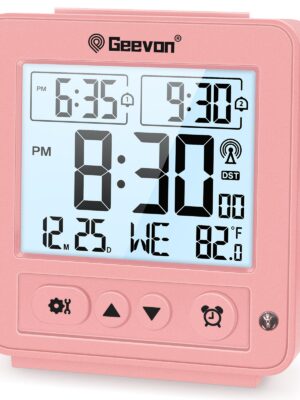 Geevon Small Digital Atomic Alarm Clock for Bedroom, Battery Operated Travel Alarm Clock with Auto/8s Backlight, 2 Alarm, Temperature, for Deep Sleepers Kids Elderly Home Office(Pink)