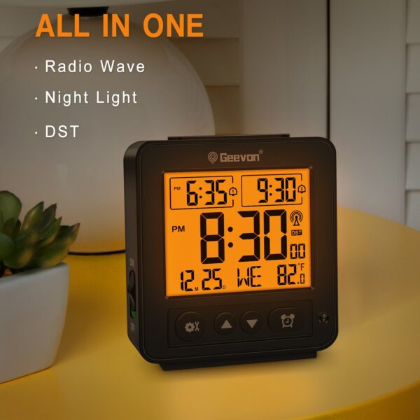 Geevon Small Digital Atomic Alarm Clock for Bedroom, Battery Operated Travel Alarm Clock with Auto/8s Backlight, 2 Alarm, Temperature, for Deep Sleepers Kids Elderly Home Office(Black)