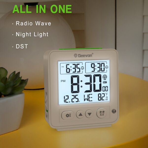 Geevon Small Digital Atomic Alarm Clock for Bedroom, Battery Operated Travel Alarm Clock with Auto/8s Backlight, 2 Alarm, Temperature, for Deep Sleepers Kids Elderly Home Office(White)