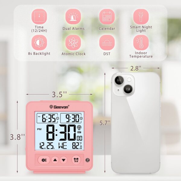 Geevon Small Digital Atomic Alarm Clock for Bedroom, Battery Operated Travel Alarm Clock with Auto/8s Backlight, 2 Alarm, Temperature, for Deep Sleepers Kids Elderly Home Office(Pink)