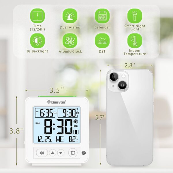 Geevon Small Digital Atomic Alarm Clock for Bedroom, Battery Operated Travel Alarm Clock with Auto/8s Backlight, 2 Alarm, Temperature, for Deep Sleepers Kids Elderly Home Office(White)