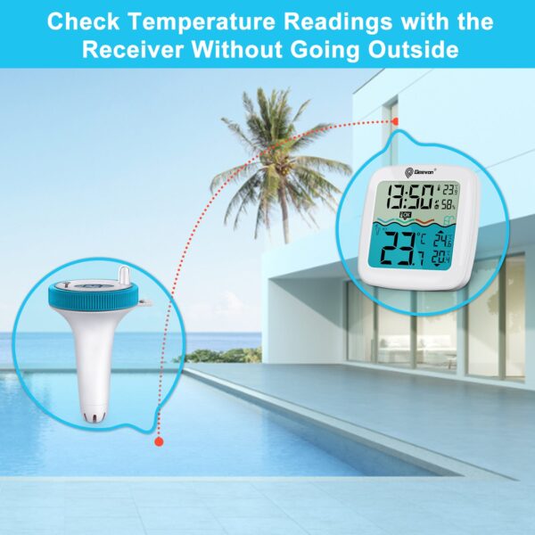 Geevon Digital Pool Thermometer Large-Size Thermometer with Backlit Display Temperature Monitor for Hot Tubs/Ice Baths/Pools/SPA/Aquariums/Ponds Spring & Summer Kit Early Warning Display Time Display with Alarm Function  12/24-Hour Format Switch