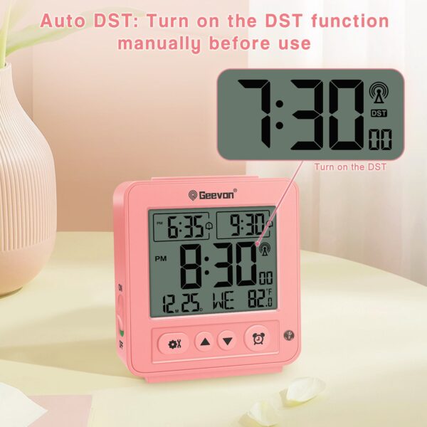 Geevon Small Digital Atomic Alarm Clock for Bedroom, Battery Operated Travel Alarm Clock with Auto/8s Backlight, 2 Alarm, Temperature, for Deep Sleepers Kids Elderly Home Office(Pink)