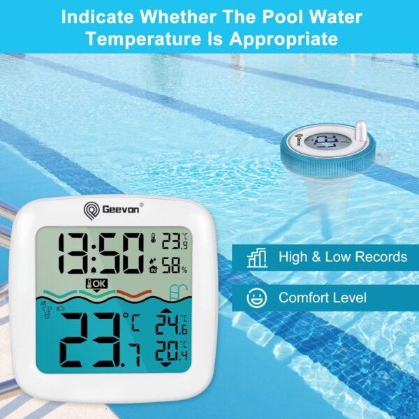 Geevon Digital Pool Thermometer Large-Size Thermometer with Backlit Display Temperature Monitor for Hot Tubs/Ice Baths/Pools/SPA/Aquariums/Ponds Spring & Summer Kit Early Warning Display Time Display with Alarm Function  12/24-Hour Format Switch