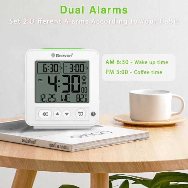 Geevon Small Digital Atomic Alarm Clock for Bedroom, Battery Operated Travel Alarm Clock with Auto/8s Backlight, 2 Alarm, Temperature, for Deep Sleepers Kids Elderly Home Office(White)
