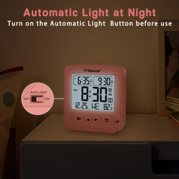 Geevon Small Digital Atomic Alarm Clock for Bedroom, Battery Operated Travel Alarm Clock with Auto/8s Backlight, 2 Alarm, Temperature, for Deep Sleepers Kids Elderly Home Office(Pink)