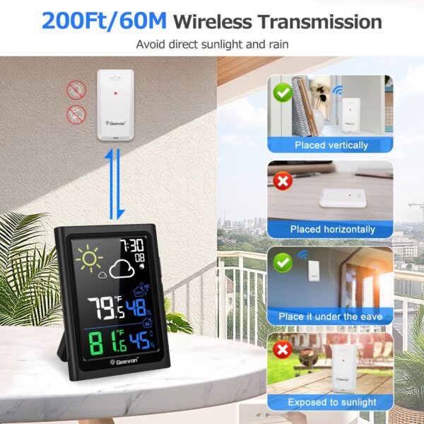 Geevon Indoor Outdoor Thermometer Wireless Weather Station with Color Display, Digital Hygrometer Temperature Humidity Monitor with Alarm Clock and Backlight